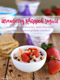 Strawberry Whipped Yogurt with fresh strawberries, mini chocolate chips & crushed graham crackers