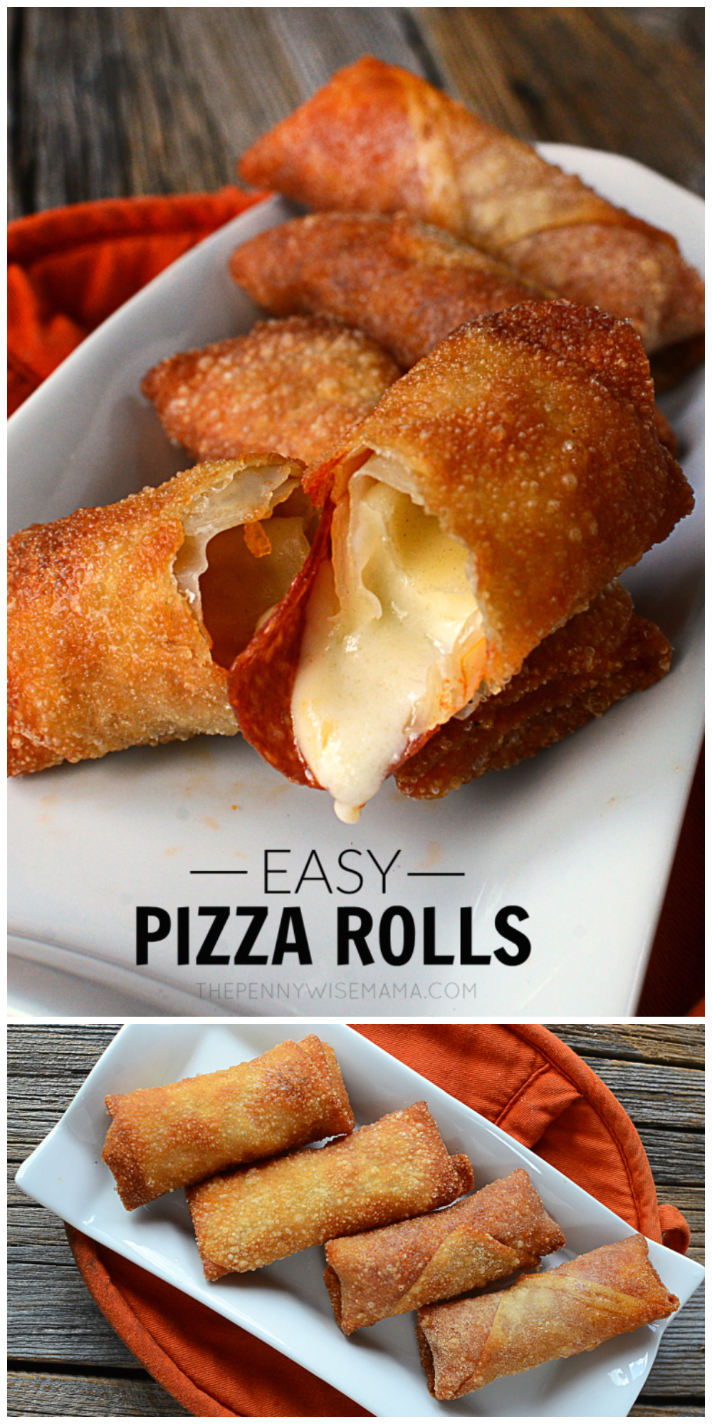 Homemade Pizza Rolls using egg roll wrappers - simple & delicious appetizer for game day, holidays and parties!
