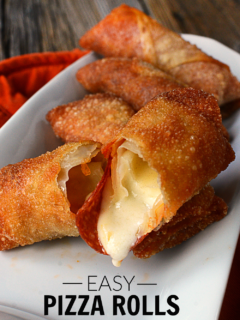 These homemade pizza rolls are delicious and simple to make. Cheesy, with pepperoni in a crispy egg roll wrapper — you can’t go wrong. Perfect for game day, parties, and potlucks, they are sure to be hit among both kids and adults.