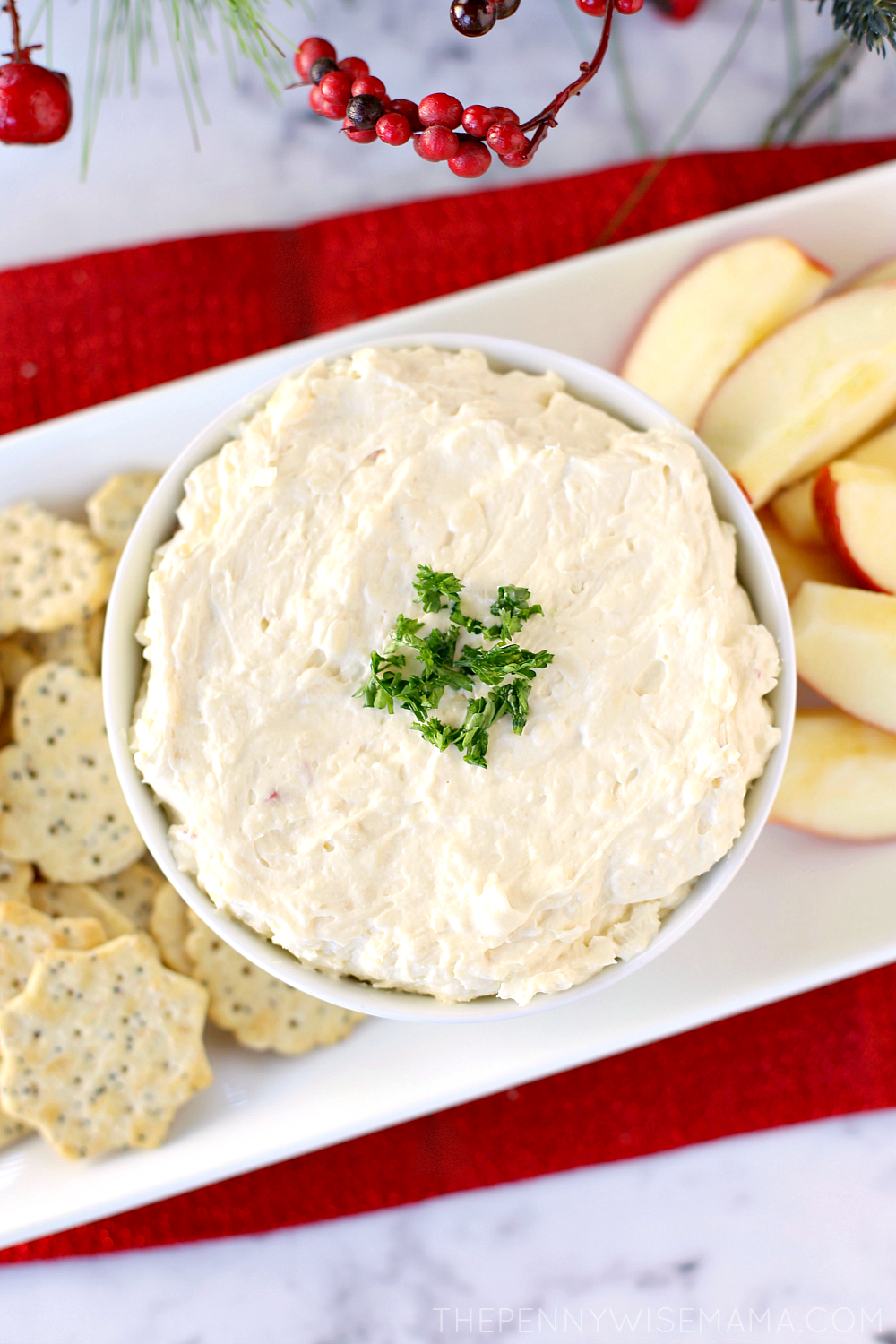 This Apple Cinnamon Cheddar Cheese Dip is a fun and unique twist on your classic cheddar cheese dip. Simple to make and full of flavor, it’s perfect for holiday parties or get-togethers. Serve with your favorite crackers, pretzels, or apple slices and watch it disappear!