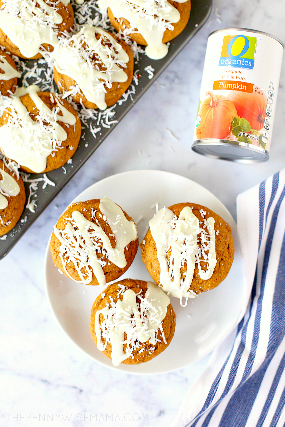 Pumpkin Muffins topped with white chocolate glaze and shredded coconut!