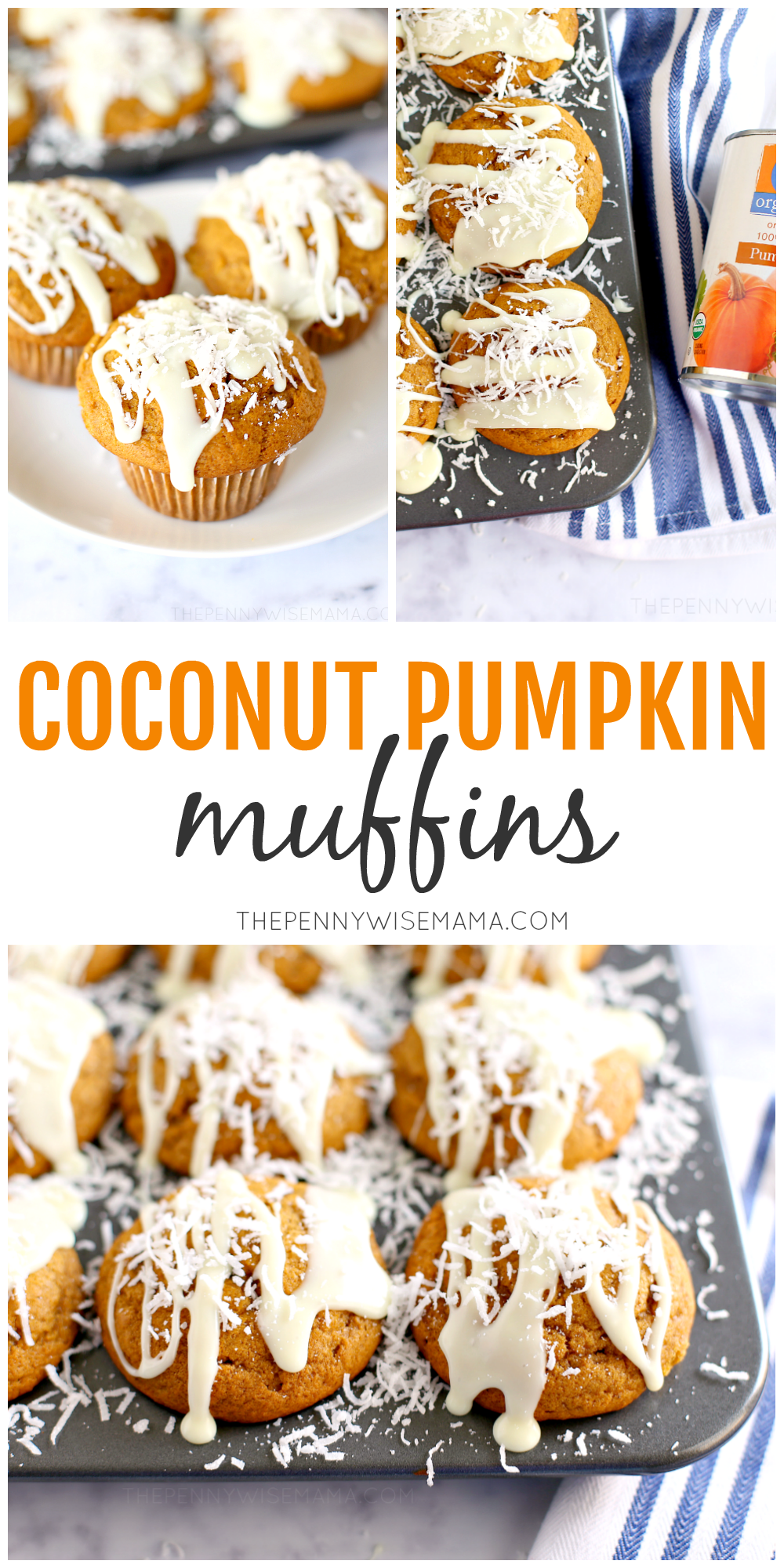 These Coconut Pumpkin Muffins are soft, moist, and full of flavor. Topped with shredded coconut and a white chocolate glaze, they are the perfect breakfast, snack, or holiday treat!