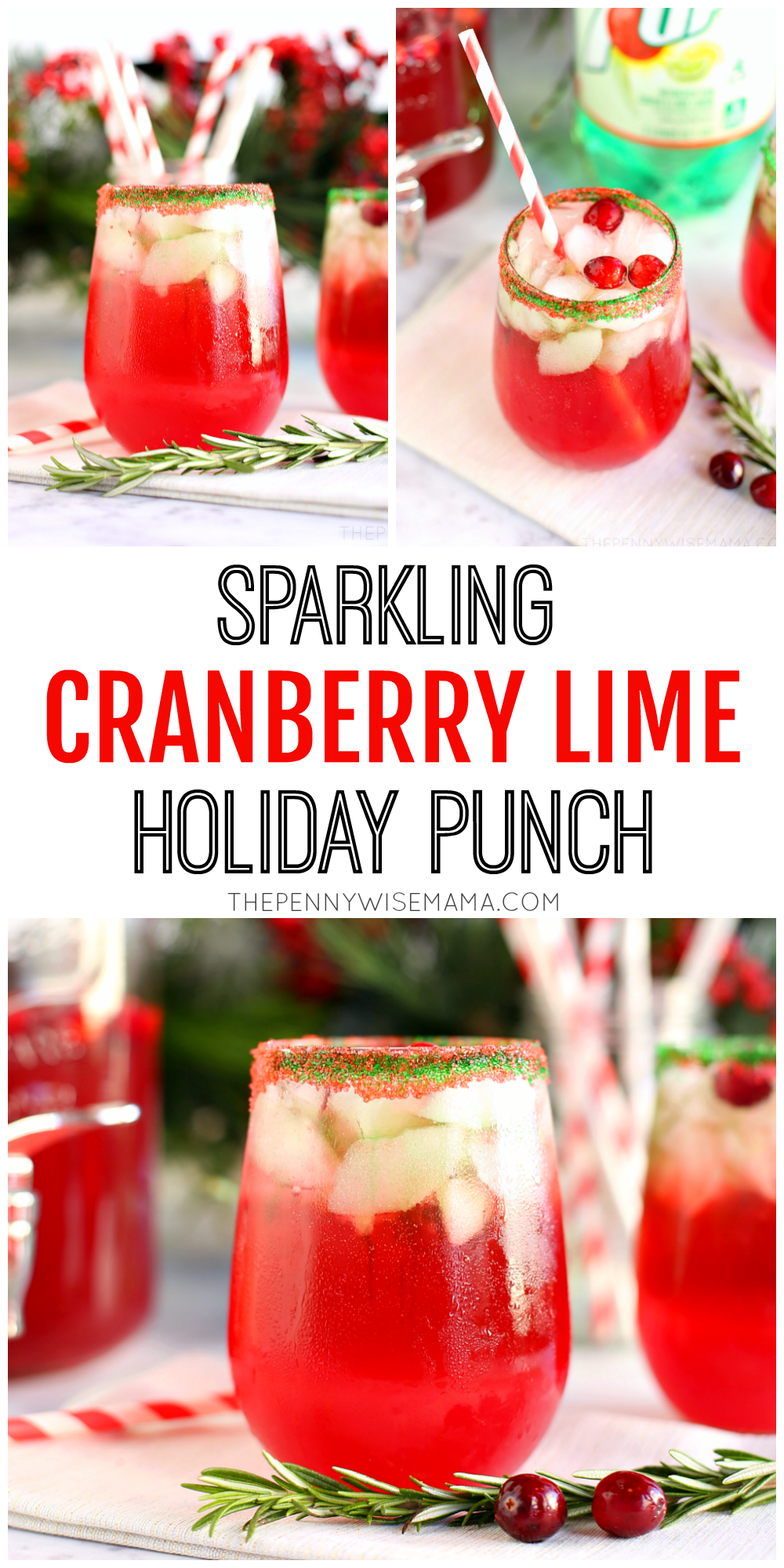 This Sparkling Cranberry Lime Holiday Punch is festive and delicious -- perfect for holiday parties! Serve it as a cocktail or mocktail on Christmas, New Year's Eve or any time of the year.