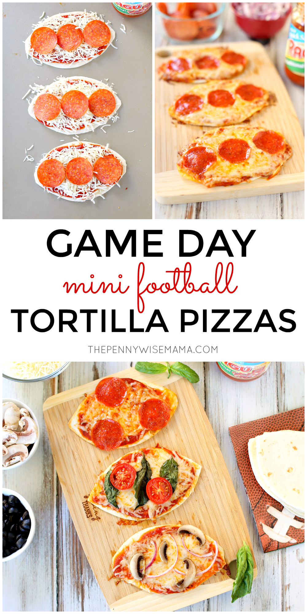 These mini tortilla pizzas shaped like footballs are perfect for Game Day! Click image to get the full recipe.