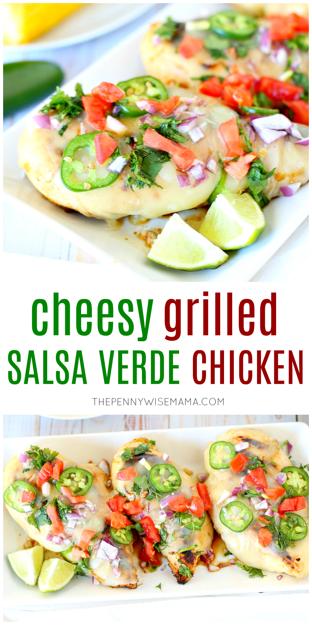 Looking for an easy grilled chicken recipe? This Cheesy Salsa Verde Chicken is a family favorite! Chicken breasts are marinated with Mexican spices and salsa verde, then grilled to perfection and topped with Monterey Jack cheese, cilantro, jalapeño, and tomato. Cheesy, full of flavor, and simple to prepare, this is one chicken recipe you’ll want to make again and again all summer!