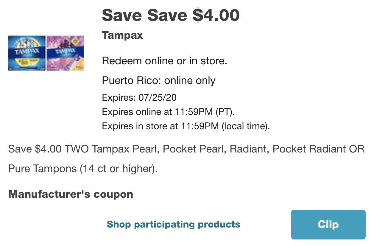 New $4 off Tampax coupon